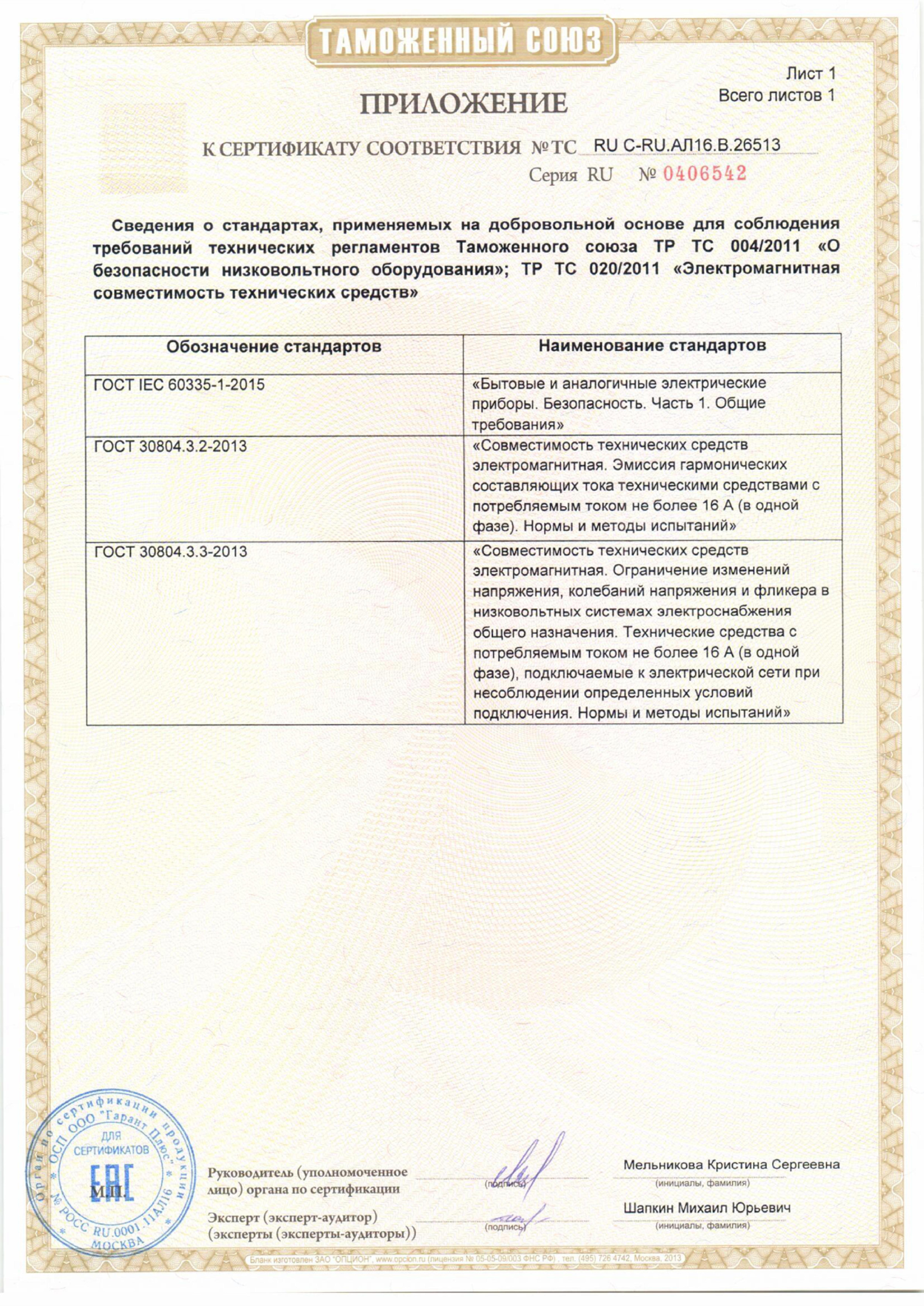 Приложение к сертификату